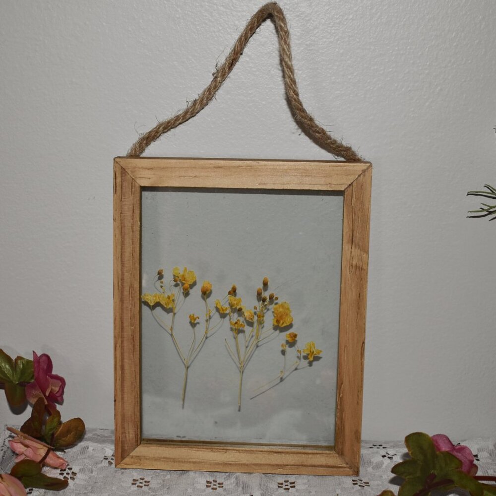 Vintage Handmade Wood Frame Glass Pressed Dried Flowers Hanging Cottage Decor